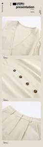 Detailed views of a khaki cotton linen sleeveless vest and shorts two-piece set