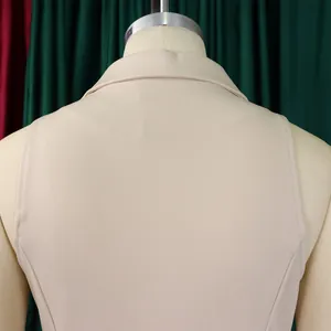 Detailed back view of a beige sleeveless jumpsuit with a classic notched lapel collar.