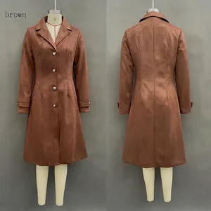 Detailed front and back views showing the fit and texture of a brown suede trench coat