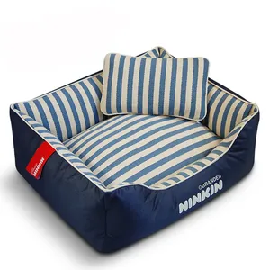 Square Yarn-Dyed Canvas Pet Bed For Dogs And Cats Removable Washable Bite-Resistant Oxford Cloth Dog Bed Four Seasons Universal Square Pet Nest With Pillow