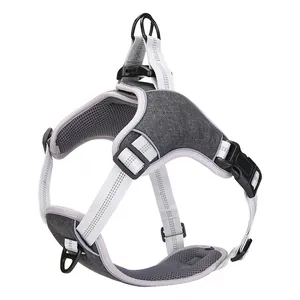 Side view detail of an adjustable grey reflective oxford cloth dog harness vest