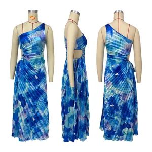 Floral print one-shoulder pleated dress with waist cut-out, three views on mannequins
