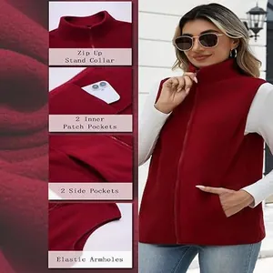 Detalles del chaleco de forro polar burdeos para mujer con bolsillos y cuello alto
