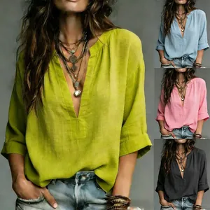 Casual V-neck women's blouse shown in green, blue, pink, and black color options.