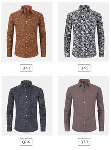 Display of four different men's slim fit floral print long-sleeved dress shirts.