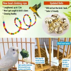 Detailed view of bird toy set components: colorful rope, golden bells, and fruit forks.