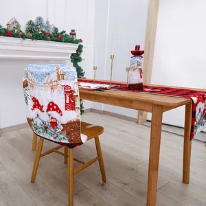 Christmas chair cover and table runner set with red plaid gnome snowy village design