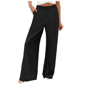 Vista completa dei pantaloni casual neri a vita alta per donna su sfondo bianco.