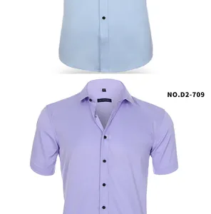 Detailed view of men's stretch short sleeve shirts in light blue and lavender hues
