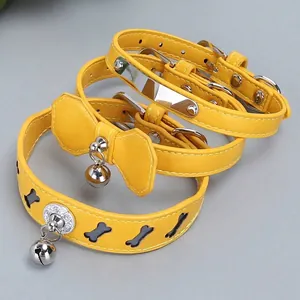 Reflective Pet Collar with Bell Bone Shape Pattern Adjustable PU Leather Neck Strap for Small Dogs and Cats Safety Walking