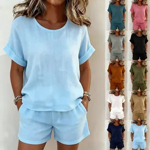 Damen 2-Teiler Freizeitset unifarben mit kurzärmeligem Rundhals-Oberteil und Shorts