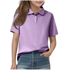 Close-up detail of kid's casual short sleeve purple polo shirt in soft fabric