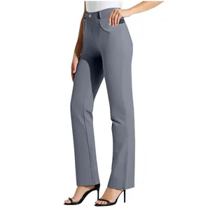 Professional detail view of women's grey straight-leg pants for office or casual wear