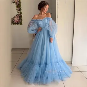 Elegant light blue off-shoulder tulle ball gown with sheer lantern sleeves for prom