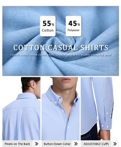 Detailed views of men's blue oxford casual shirt showing fabric blend and design features