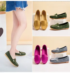 Collage of women's suede loafers with metal buckles in green, pink, yellow, and grey colors.