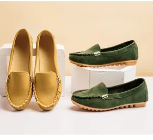 Women's comfortable suede loafers featuring round toe and metal buckle in ginger and green
