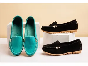 Elegant suede flat loafers for women with metal buckle and rounded toe