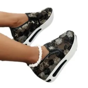 Breathable black mesh platform sneakers with colorful floral embroidery for women