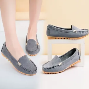 Women Round Toe Flat Loafers Casual Slip On Suede Shoes With Metal Buckle Low Cut Moccasins Comfortable Daily Walking Shoes
