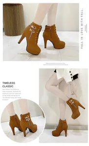 Bottines à talons hauts marron avec plateforme, lacets et fermeture éclair latérale.