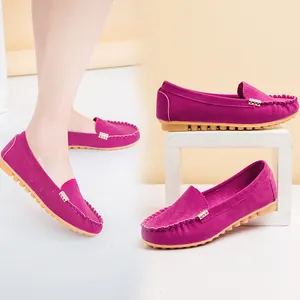 Purple suede-style round toe flat loafers for women with decorative metal buckle