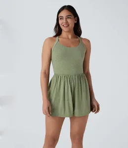 Detailed front view of sleeveless sage green heathered romper with gathered waist design