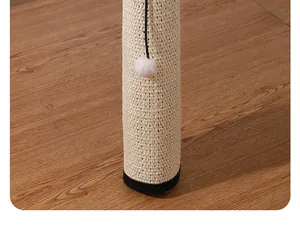 Close-up detail of natural sisal fiber cat scratching post with a dangling plush ball toy.