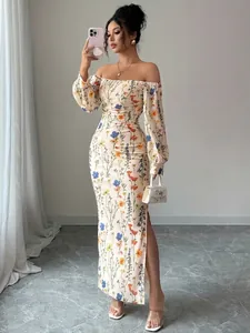 Damen Elegant Schulterfrei Blumen Zweig Druck Gerafft Bodycon Maxikleid Laternenärmel Hoher Schlitz Urlaub Kleid