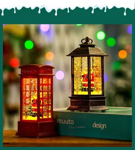 Detailed macro view of festive Santa Claus snow globe lanterns with warm glowing lights