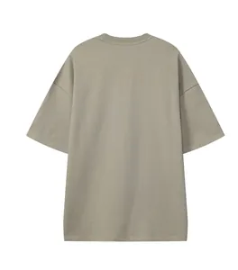 Back view of minimalist heavy 330g double-yarn drop-shoulder oversized t-shirt in olive grey