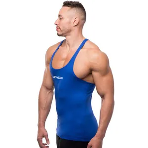 Side profile of a muscular man wearing a blue breathable elastic fitness stringer tank top