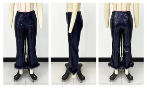 Detailed three-view display of navy blue sequined flared trousers with feather trim