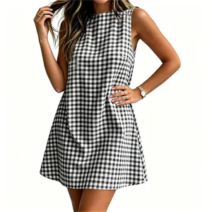 Women's casual black and white gingham sleeveless dress featuring a classic round neck design.