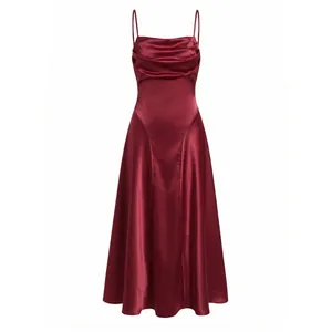 Elegant burgundy satin cowl neck slip dress with thin spaghetti straps for women