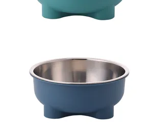 Stainless steel pet bowl with four-legged blue plastic base for dogs and cats.