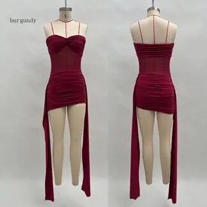 Sleek burgundy mesh-stitched strapless mini dress featuring elegant long side streamers