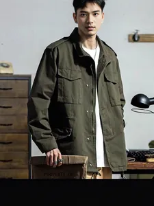 Men's heavy-duty vintage military field jacket with multiple pockets in olive green
