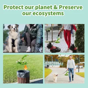 Lifestyle scenes showing eco-friendly biodegradable dog waste bags and leash holder