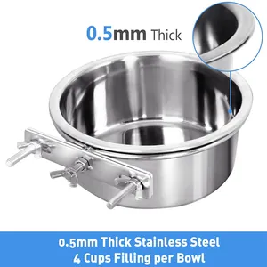 Detail of 0.5mm thick stainless steel cage hanging pet bowl with 4 cup capacity.