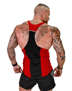 Detail of red and black racerback sports tank top on a muscular fitness model