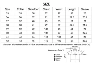 Comprehensive size chart for women's short-sleeved shirt with measurements in cm