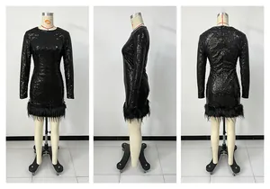 Schwarzes Pailletten-Minikleid mit Federn und langen Ärmeln, Vorder-, Seiten- und Rückansicht