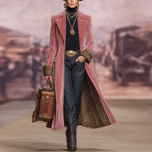 Elegant dusty pink velvet long coat with leopard print lining for women's autumn style