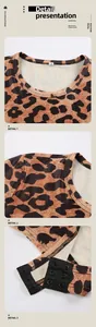 Macro view of leopard bodysuit details including neckline and crotch snap button closure