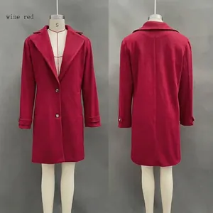 Front and back view of a women's elegant wine red mid-length woolen coat with lapels