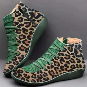 Leopard print women's flat ankle boots with green accents and side zipper