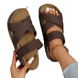 Women's brown platform sandals with cross-over and braided straps for casual summer wear