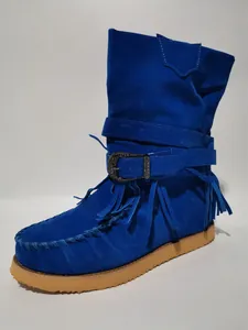 Elegant royal blue suede tassel boots featuring vintage metal buckle and platform sole