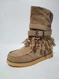 Close-up detail of khaki suede winter boots featuring stylish fringe and vintage metal buckle